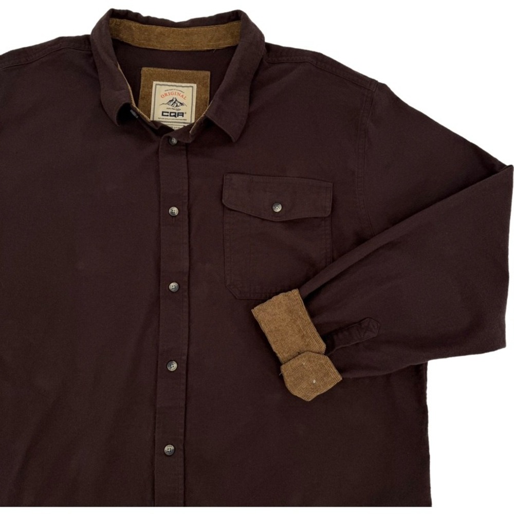 CQR Men's 2XL Brown Cotton Flannel Button Down Shirt Corduroy Trim Flip Cuff